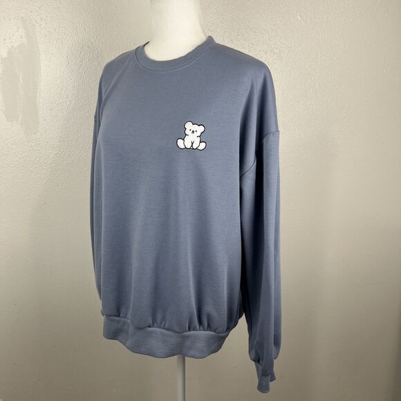 L.A.B. Studio Vivid Lauren Sweater Women Large Blue Grey Pullover Bear Patch - Picture 2 of 13